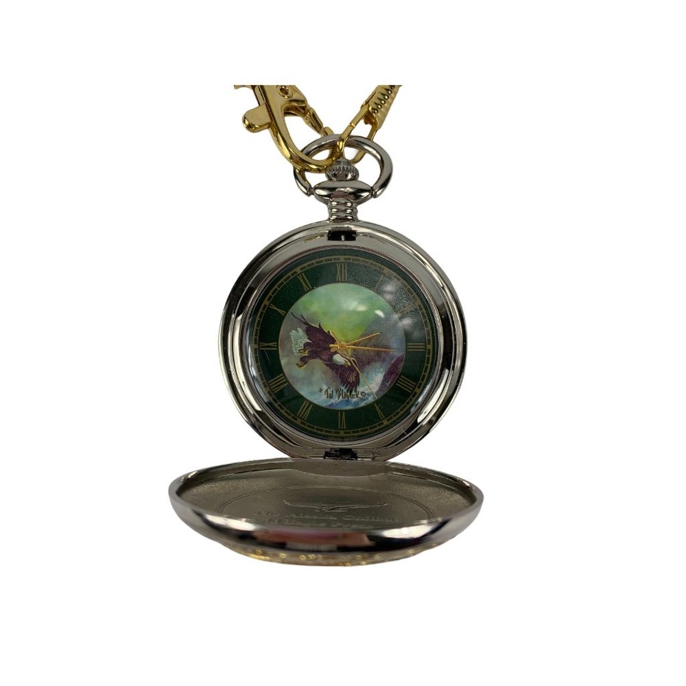 Franklin Mint Pocket Watch Alaskan Chilkat Bald Eagle Ted Blaylock Chain 1999 Vi